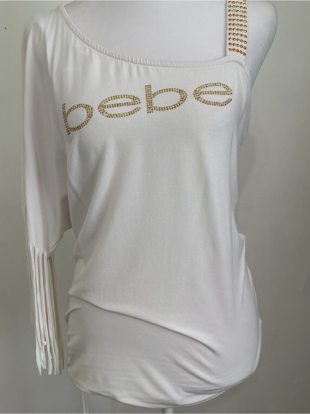 Y2K Vintage Bebe Rhinestone Fringe Top White large